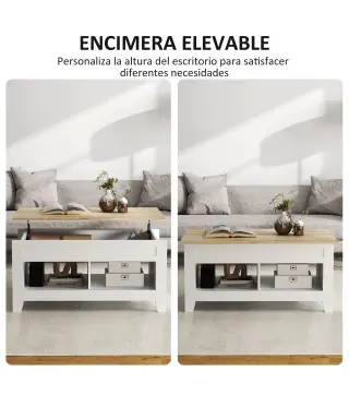 Mesa de Centro Elevable con Encimera Elevable y Espacio Oculto de Almacenaje 105x50x49 cm Blanco y Natural