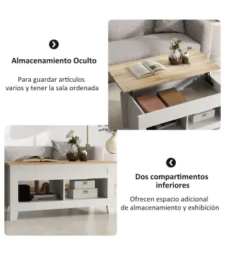 Mesa de Centro Elevable con Encimera Elevable y Espacio Oculto de Almacenaje 105x50x49 cm Blanco y Natural