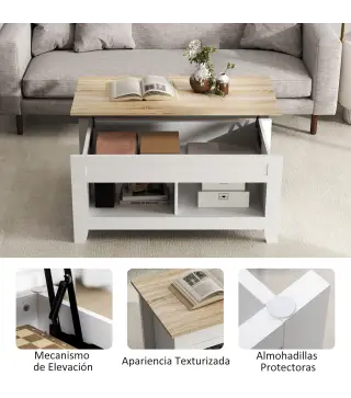 Mesa de Centro Elevable con Encimera Elevable y Espacio Oculto de Almacenaje 105x50x49 cm Blanco y Natural