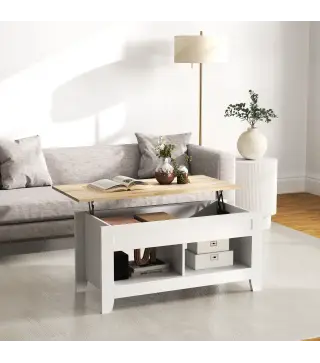 Mesa de Centro Elevable con Encimera Elevable y Espacio Oculto de Almacenaje 105x50x49 cm Blanco y Natural