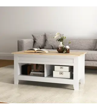 Mesa de Centro Elevable con Encimera Elevable y Espacio Oculto de Almacenaje 105x50x49 cm Blanco y Natural