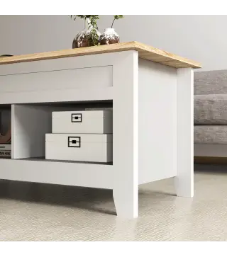 Mesa de Centro Elevable con Encimera Elevable y Espacio Oculto de Almacenaje 105x50x49 cm Blanco y Natural