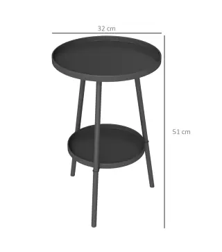 Mesa de Jardín Redonda de 2 Niveles con Bordes Elevados Bandeja Inferior para Exterior e Interior Ø32x51 cm Negro