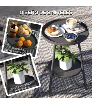 Mesa de Jardín Redonda de 2 Niveles con Bordes Elevados Bandeja Inferior para Exterior e Interior Ø32x51 cm Negro