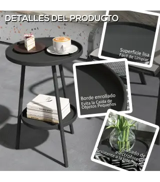 Mesa de Jardín Redonda de 2 Niveles con Bordes Elevados Bandeja Inferior para Exterior e Interior Ø32x51 cm Negro