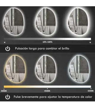 Espejo de Baño con Luz LED 80x60 cm 3 Colores de Luz Brillo Regulable Función Antivaho Función de Memoria IP44