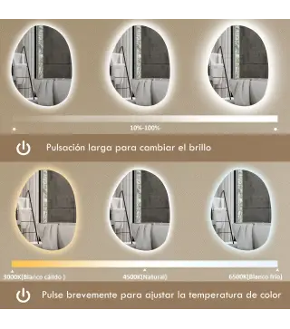 Espejo de Baño con Luz LED 70x50 cm 3 Colores de Luz Brillo Regulable Función Antivaho Función de Memoria IP44