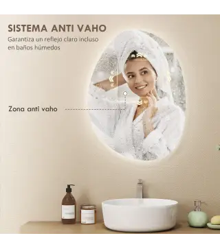 Espejo de Baño con Luz LED 70x50 cm 3 Colores de Luz Brillo Regulable Función Antivaho Función de Memoria IP44