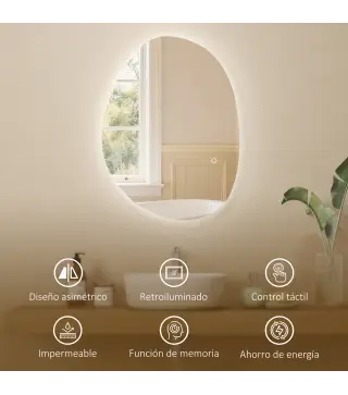 Espejo de Baño con Luz LED 70x50 cm 3 Colores de Luz Brillo Regulable Función Antivaho Función de Memoria IP44