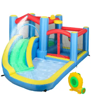 Castillo Hinchable 5 en 1 con Tobogán Piscinas y Canasta Incluye Inflador y Bolsa de Transporte 385x290x180cm Multicolor