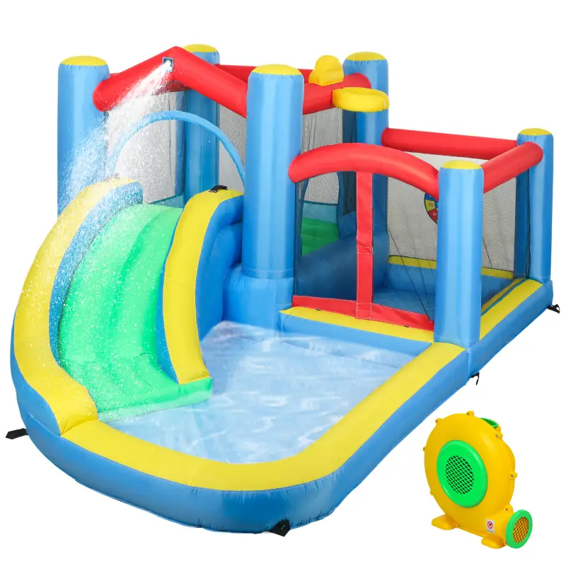 Castillo Hinchable 5 en 1 con Tobogán Piscinas y Canasta Incluye Inflador y Bolsa de Transporte 385x290x180cm Multicolor Castillo Hinchable 5 en 1 con Tobogán Piscinas y Canasta Incluye Inflador y Bolsa de Transporte 385x290x180cm Multicolor