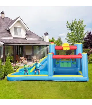 Castillo Hinchable 5 en 1 con Tobogán Piscinas y Canasta Incluye Inflador y Bolsa de Transporte 385x290x180cm Multicolor