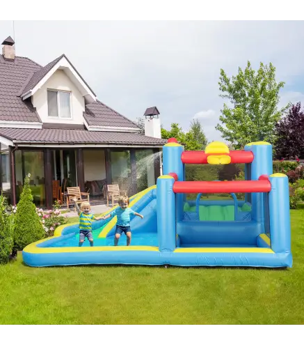 Castillo Hinchable 5 en 1 con Tobogán Piscinas y Canasta Incluye Inflador y Bolsa de Transporte 385x290x180cm Multicolor