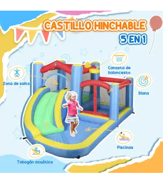 Castillo Hinchable 5 en 1 con Tobogán Piscinas y Canasta Incluye Inflador y Bolsa de Transporte 385x290x180cm Multicolor