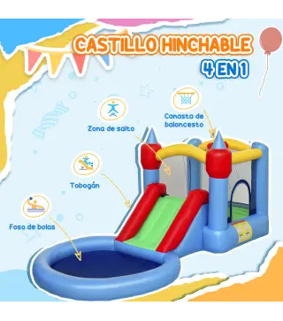 Castillo Hinchable 415x205x190 cm con Tobogán Foso de Bolas Canasta Inflador y Bolsa para Interior y Exterior