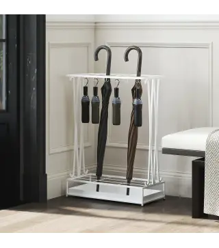 Paragüero Moderno de Acero con 21 Espacios y 24 Ganchos Bandeja Recogegotas Extraíble para Entrada 50x24x68 cm Blanco