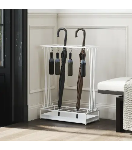 Paragüero Moderno de Acero con 21 Espacios y 24 Ganchos Bandeja Recogegotas Extraíble para Entrada 50x24x68 cm Blanco