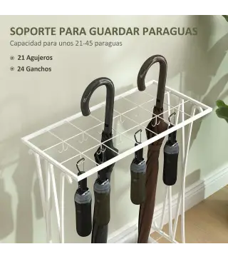 Paragüero Moderno de Acero con 21 Espacios y 24 Ganchos Bandeja Recogegotas Extraíble para Entrada 50x24x68 cm Blanco