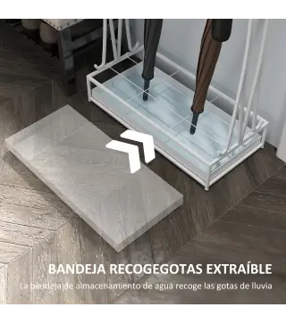 Paragüero Moderno de Acero con 21 Espacios y 24 Ganchos Bandeja Recogegotas Extraíble para Entrada 50x24x68 cm Blanco