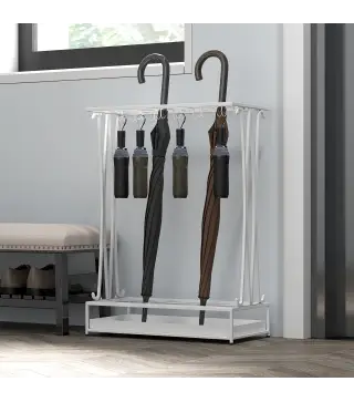 Paragüero Moderno de Acero con 21 Espacios y 24 Ganchos Bandeja Recogegotas Extraíble para Entrada 50x24x68 cm Blanco