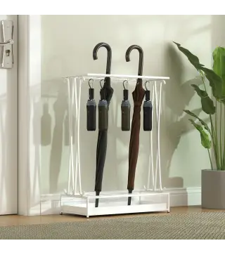 Paragüero Moderno de Acero con 21 Espacios y 24 Ganchos Bandeja Recogegotas Extraíble para Entrada 50x24x68 cm Blanco