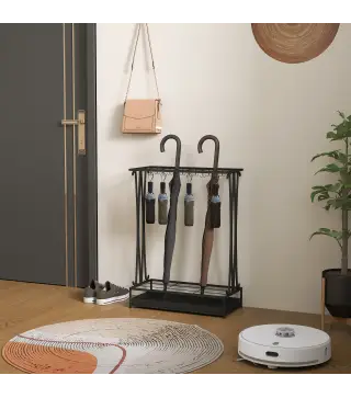 Paragüero Moderno de Acero con 21 Espacios y 24 Ganchos Bandeja Recogegotas Extraíble para Entrada 50x24x68 cm Negro