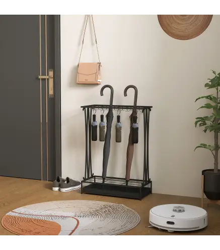 Paragüero Moderno de Acero con 21 Espacios y 24 Ganchos Bandeja Recogegotas Extraíble para Entrada 50x24x68 cm Negro