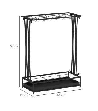 Paragüero Moderno de Acero con 21 Espacios y 24 Ganchos Bandeja Recogegotas Extraíble para Entrada 50x24x68 cm Negro