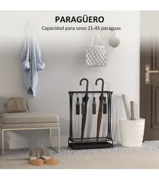 Paragüero Moderno de Acero con 21 Espacios y 24 Ganchos Bandeja Recogegotas Extraíble para Entrada 50x24x68 cm Negro