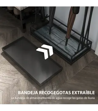 Paragüero Moderno de Acero con 21 Espacios y 24 Ganchos Bandeja Recogegotas Extraíble para Entrada 50x24x68 cm Negro