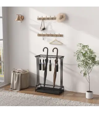 Paragüero Moderno de Acero con 21 Espacios y 24 Ganchos Bandeja Recogegotas Extraíble para Entrada 50x24x68 cm Negro