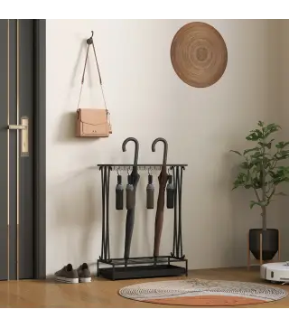 Paragüero Moderno de Acero con 21 Espacios y 24 Ganchos Bandeja Recogegotas Extraíble para Entrada 50x24x68 cm Negro