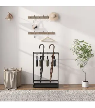 Paragüero Moderno de Acero con 21 Espacios y 24 Ganchos Bandeja Recogegotas Extraíble para Entrada 50x24x68 cm Negro