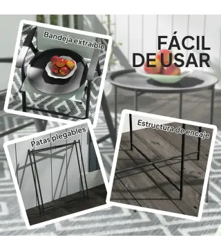Mesa de Jardín Redonda con Bandeja Extraíble Patas Ajustables y Acabado en Acero para Exterior Ø46x50 cm Negro