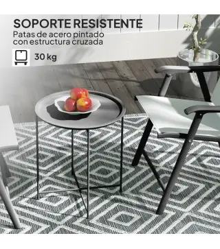 Mesa de Jardín Redonda con Bandeja Extraíble Patas Ajustables y Acabado en Acero para Exterior Ø46x50 cm Negro