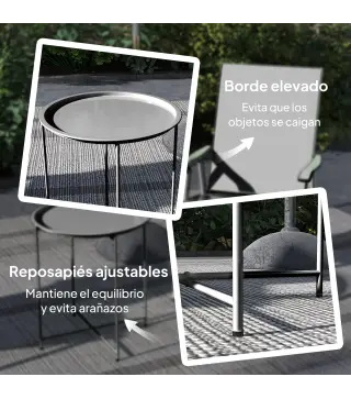 Mesa de Jardín Redonda con Bandeja Extraíble Patas Ajustables y Acabado en Acero para Exterior Ø46x50 cm Negro