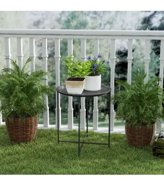 Mesa de Jardín Redonda con Bandeja Extraíble Patas Ajustables y Acabado en Acero para Exterior Ø46x50 cm Negro