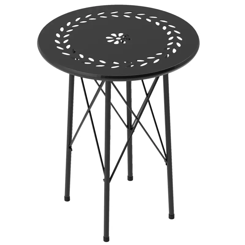 Mesa de Jardín Redonda de Acero con Diseño de Flores y Hojas Patas Ajustables y Estructura en Forma de X Ø40x50cm Negro