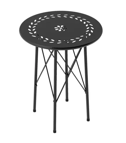 Mesa de Jardín Redonda de Acero con Diseño de Flores y Hojas Patas Ajustables y Estructura en Forma de X Ø40x50cm Negro