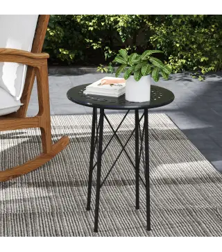 Mesa de Jardín Redonda de Acero con Diseño de Flores y Hojas Patas Ajustables y Estructura en Forma de X Ø40x50cm Negro