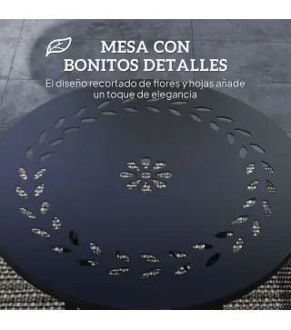 Mesa de Jardín Redonda de Acero con Diseño de Flores y Hojas Patas Ajustables y Estructura en Forma de X Ø40x50cm Negro