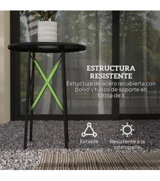 Mesa de Jardín Redonda de Acero con Diseño de Flores y Hojas Patas Ajustables y Estructura en Forma de X Ø40x50cm Negro