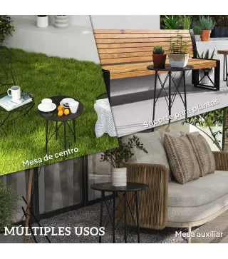 Mesa de Jardín Redonda de Acero con Diseño de Flores y Hojas Patas Ajustables y Estructura en Forma de X Ø40x50cm Negro