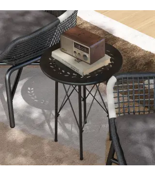 Mesa de Jardín Redonda de Acero con Diseño de Flores y Hojas Patas Ajustables y Estructura en Forma de X Ø40x50cm Negro