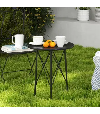 Mesa de Jardín Redonda de Acero con Diseño de Flores y Hojas Patas Ajustables y Estructura en Forma de X Ø40x50cm Negro