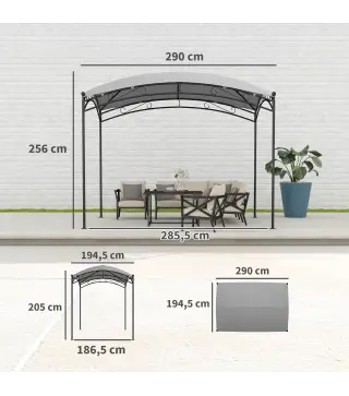 Cenador para Jardín con Techo Resistente Cúpula Elegante y Estructura Metálica con Estacas 290x194,5x256 cm Gris