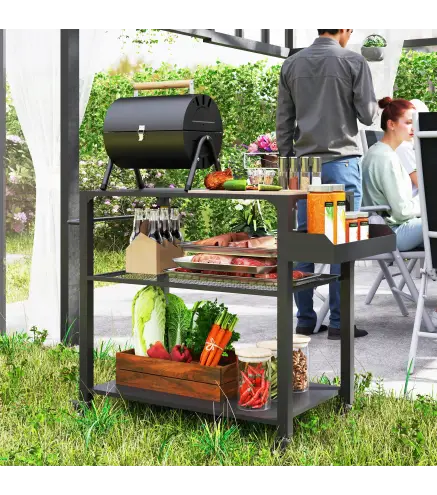 Carrito de Parrilla para Jardín o Terraza Carrito de Servicio con Encimera Estantes y Ruedas para BBQ 105x50x79 cm Negro