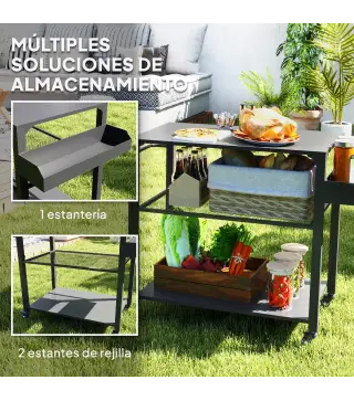 Carrito de Parrilla para Jardín o Terraza Carrito de Servicio con Encimera Estantes y Ruedas para BBQ 105x50x79 cm Negro