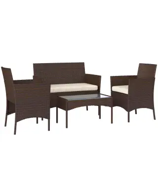 Conjunto de Muebles de Jardín de Ratán Sintético con Sofá Sillones y Mesa de Centro con Vidrio Templado y Cojines Marrón