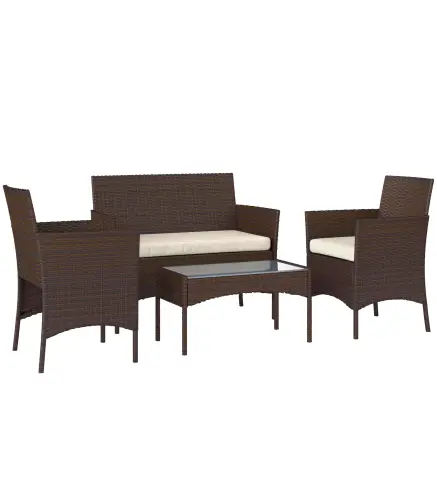 Conjunto de Muebles de Jardín de Ratán Sintético con Sofá Sillones y Mesa de Centro con Vidrio Templado y Cojines Marrón